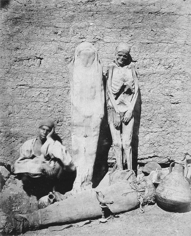 Man selling mummies in Egypt, 1875.