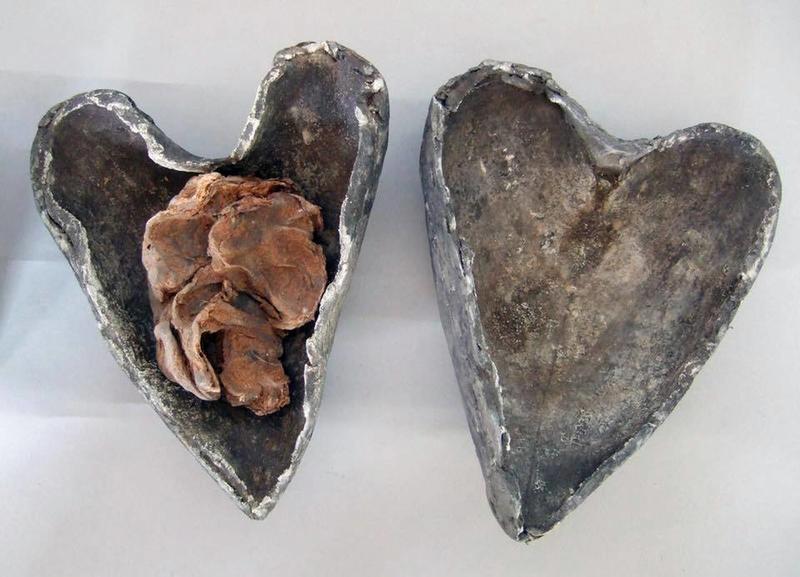A preserved human heart in a leaden case, discovered in the medieval crypt of a church in Cork, Ireland in the 1860s.